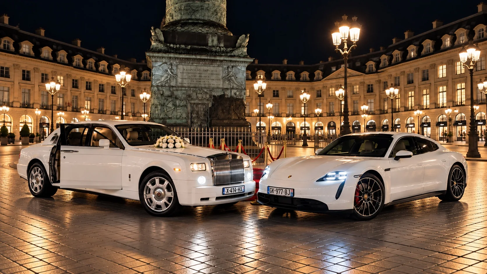 La Rolls-Royce Phantom et la Porsche Taycan côte à côte, place Vendôme de nuit