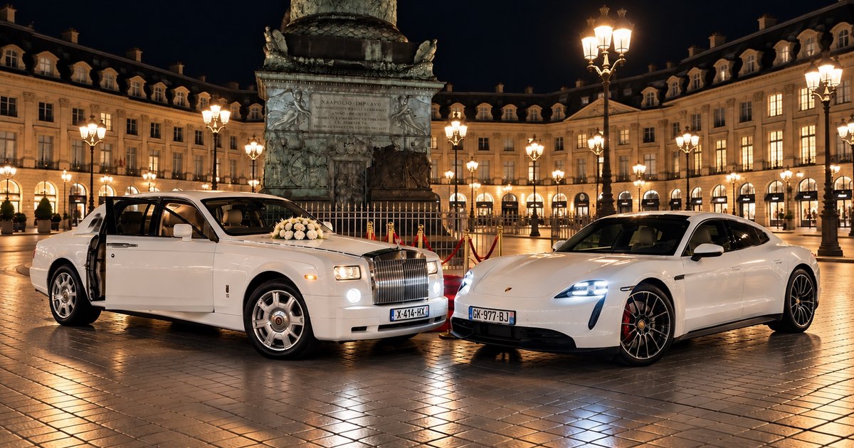 Rolls-Royce Phantom et Porsche Taycan blanches place Vendôme de nuit