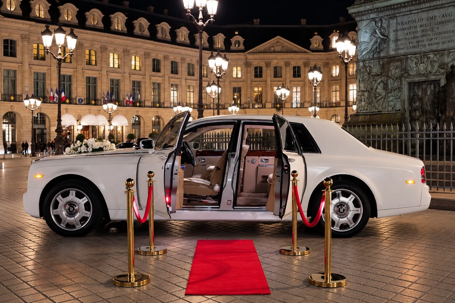Portières ouvertes de la Phantom sur un tapis rouge