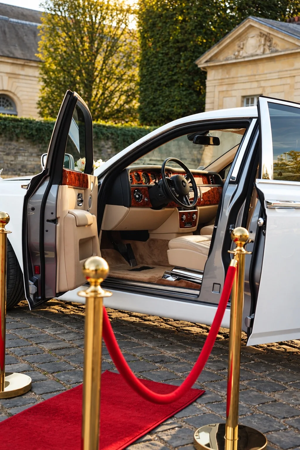 Rolls-Royce Phantom portière ouverte et tapis rouge devant un château