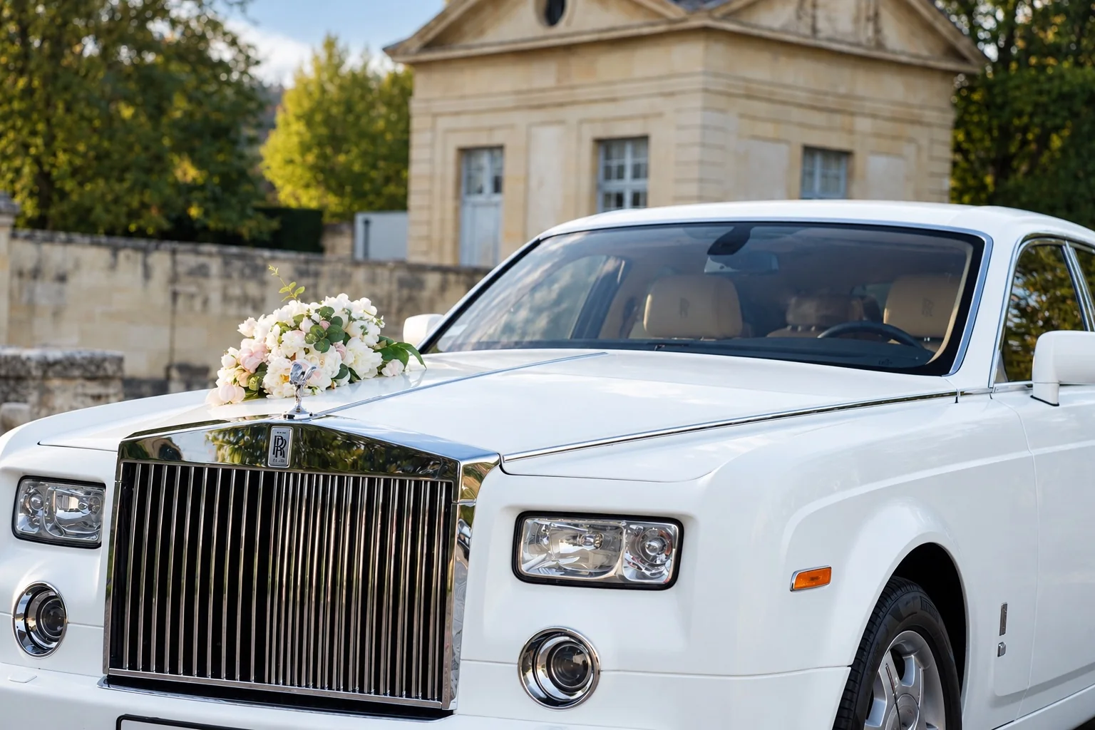 Rolls-Royce Phantom blanche décorée de fleurs pour un mariage