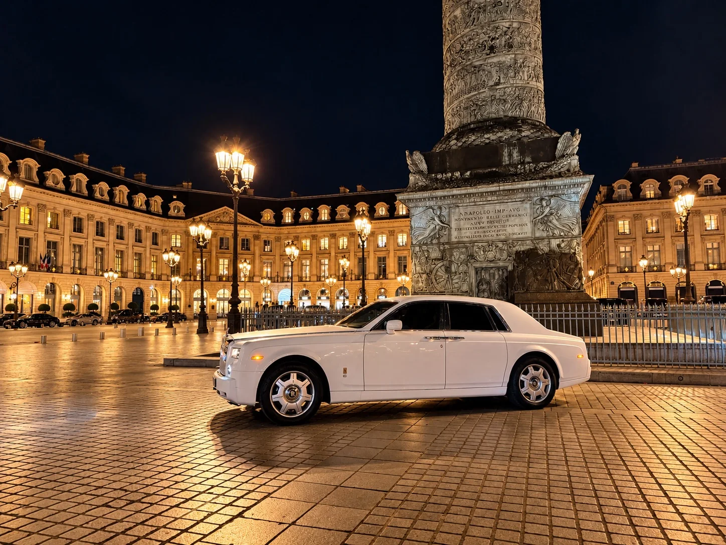 Rolls-Royce Phantom blanche place Vendôme de nuit