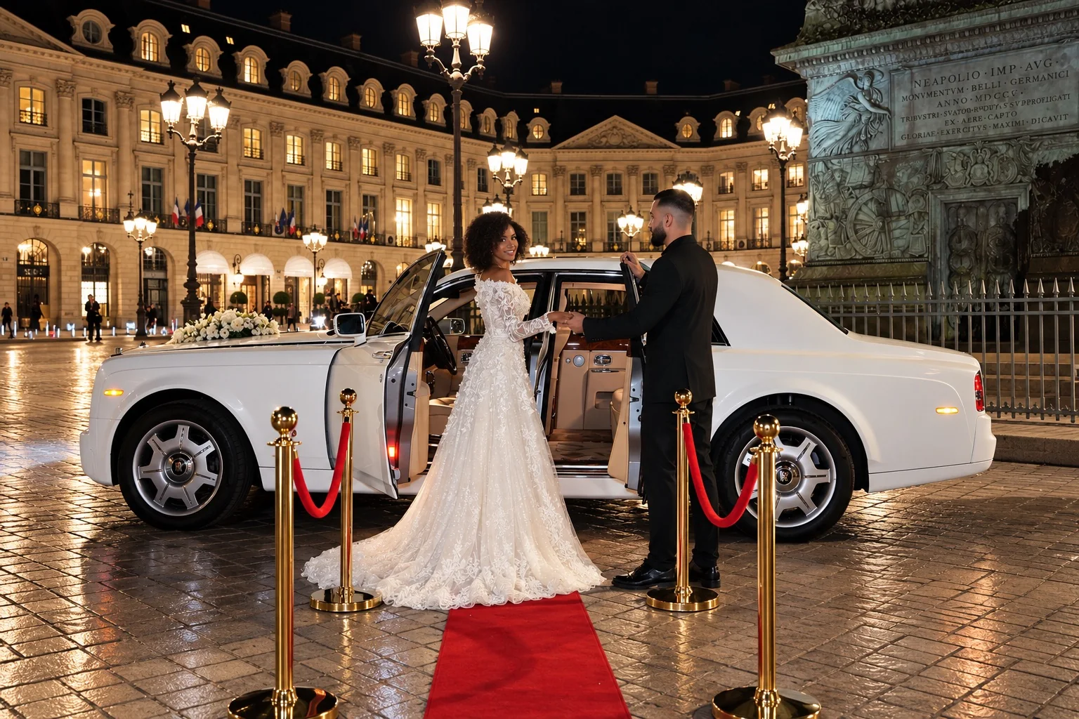 Mariés sur le tapis rouge devant la Rolls-Royce Phantom, place Vendôme