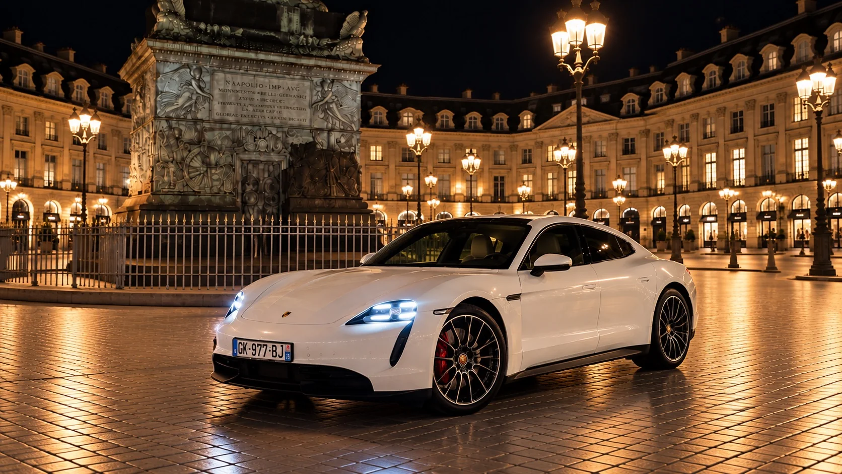 Porsche Taycan prête pour un transfert, de nuit à Paris