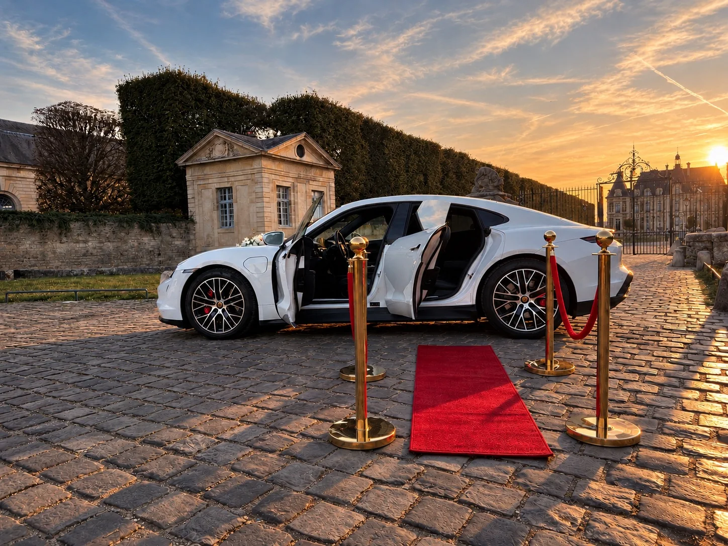Porsche Taycan blanche portières ouvertes sur le tapis rouge