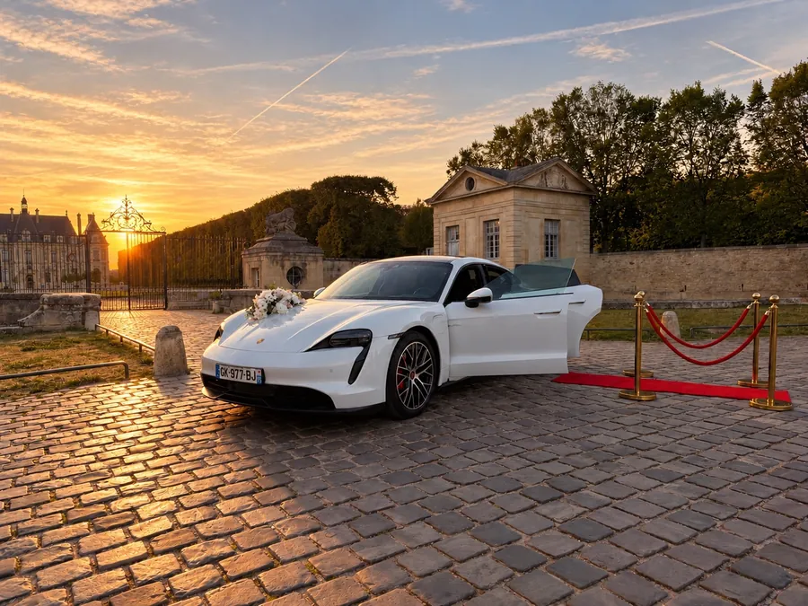 Porsche Taycan au coucher du soleil devant un château